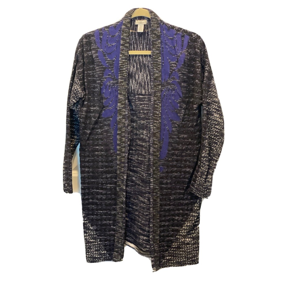 Chicos 1 Sweater Cardigan Long Duster Black White Purple Medium